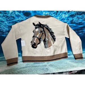 ❄️Nikka K Oatmeal Horse Graphic Cardigan Sweater JSW6363 Womens Large NEW